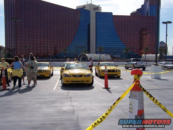 Yellow Ford Mustangs parked in a lot with a large red and blue building in the background