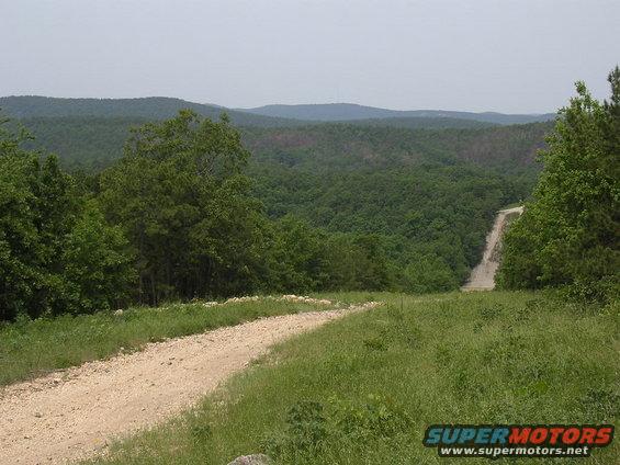 Dirt road curves through grassy terrain towards a steep incline in a wooded area