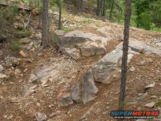 Rocky, wooded hillside with a dirt path and large boulders