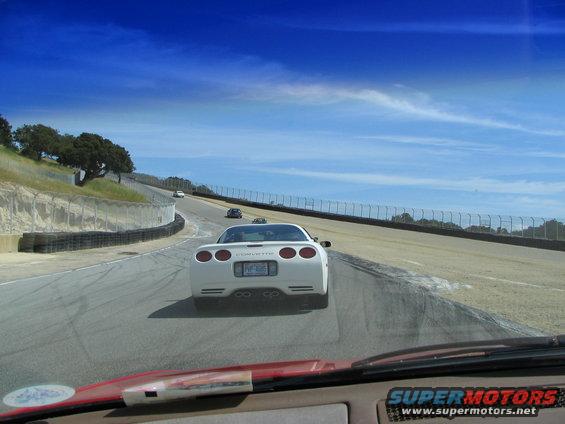 White Corvette on race track, other cars in distance. License plate visible
