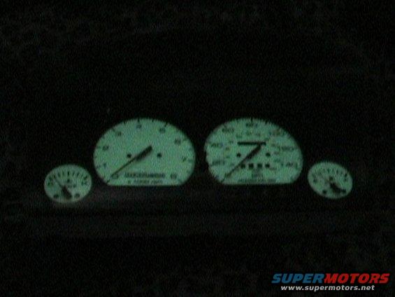 Car dashboard with glowing gauges, including speedometer and tachometer