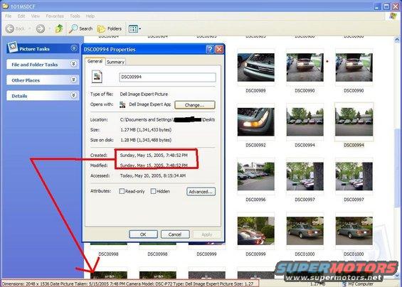 Windows XP dialog box showing image file properties, including creation date of May 15, 2005