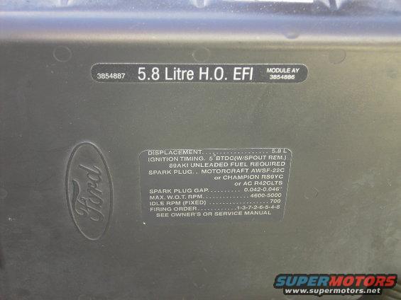 Ford 5.8 Litre H.O. EFI engine data plate with displacement and spark plug information