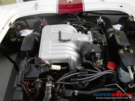 Marine engine bay with V8 intake manifold, spark plug wires, and oil filter. SuperMotors.net logo visible