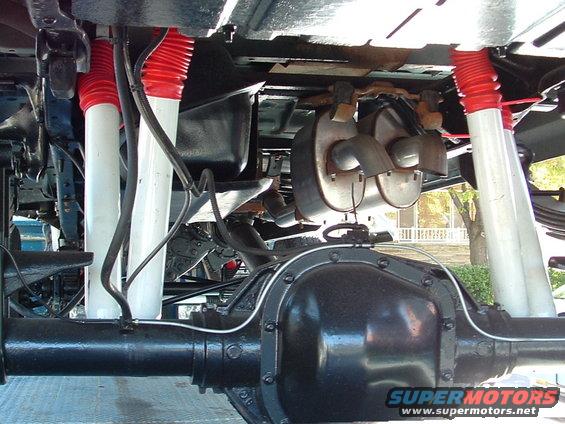 Underside view of a vehicle's rear axle, differential, shocks, and exhaust system
