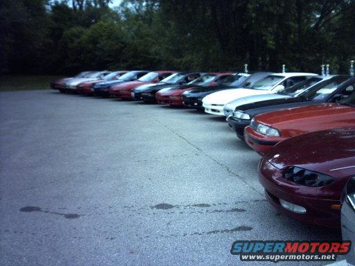 Multiple cars parked in a row on an asphalt surface with trees in the background. Water stains on the ground