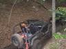 Off-road buggy on a dirt path, going uphill next to a tree