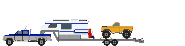 Pickup truck towing a trailer with a camper and a yellow off-road truck on it