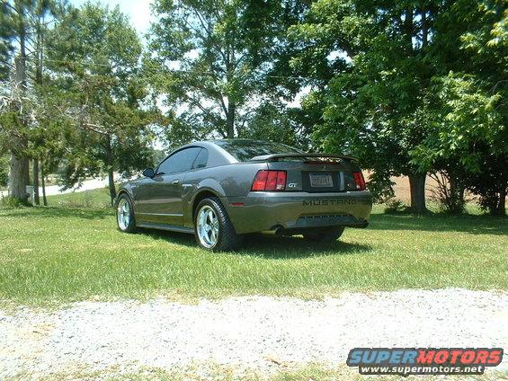 Gray 2003 Ford Mustang GT parked on grass, rear view
