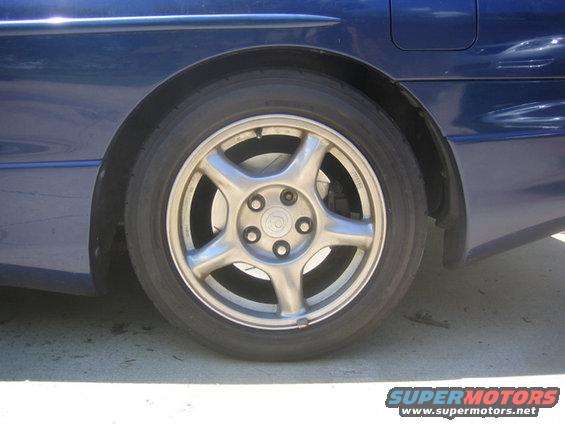 Close-up of a blue car's rear wheel and fender. The wheel has a five-spoke design