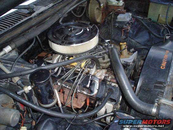 1981 Ford Bronco engine bay with chrome air cleaner and V8 engine