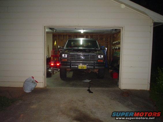 Front view of a 1981 Ford Bronco in a garage