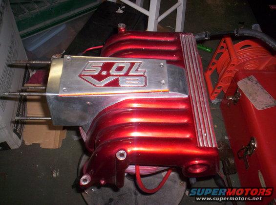 Red 5.0L V8 intake manifold with silver trim