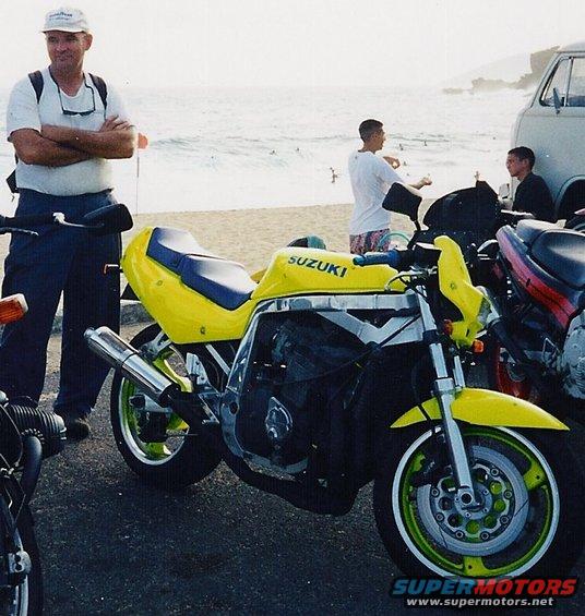 my_711_naked_and_yellow.jpg The next project.... the 711 GSXR I built from parts I scrounged from all over! its done in this pic, well atleast till I painted it black with blue pearl and blue anodized aluminum chips all buried under a bunch of eurathane clear! It looked awesome black.... then I crashed it HARD! Almost killing myself in the process! :(