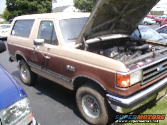 Two-tone brown Ford Bronco with hood open, parked next to a blue vehicle