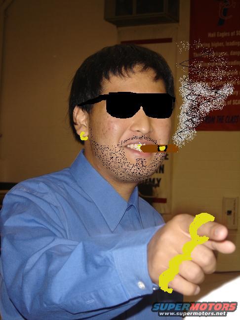 Man wearing sunglasses, fake beard, and yellow earrings, smoking a cigar and pointing