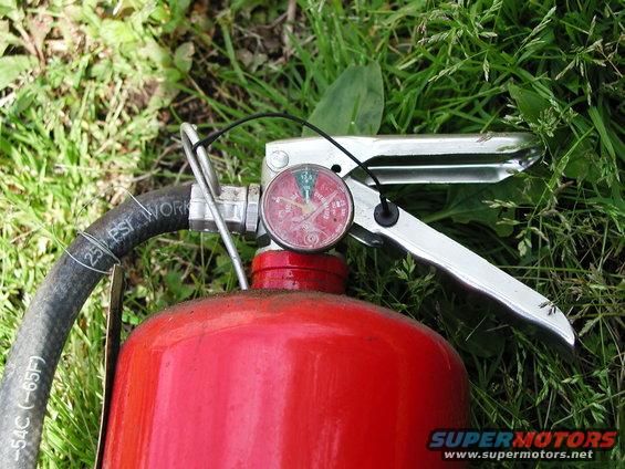 Red fire extinguisher with pressure gauge sitting in grass. Hose has '250 PSI WORK' text