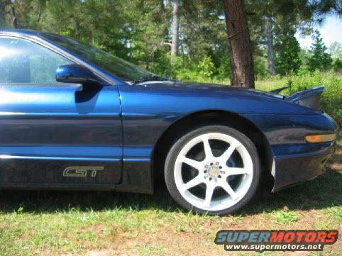 Blue 1993 Ford Probe GT with white wheels, side view