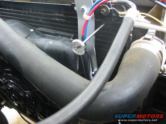 Radiator, fan, and hoses with a thermometer attached to the radiator fins