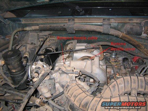 engine intake manifold with red arrows pointing to parts labeled 'Remove throttle cable' and 'Remove throttle cover'