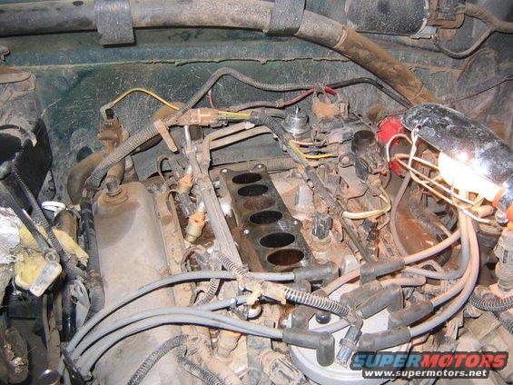 engine intake manifold with fuel injectors and spark plug wires