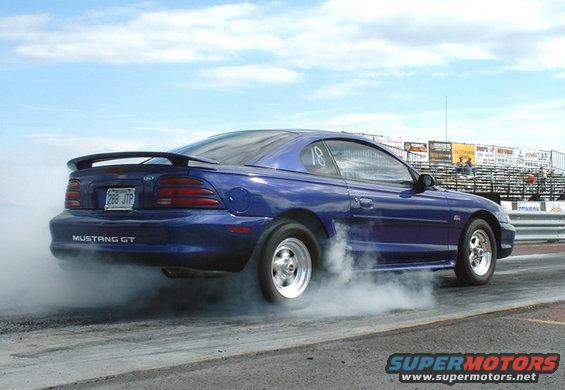 Blue Ford Mustang GT doing a burnout on a drag strip, kicking up smoke