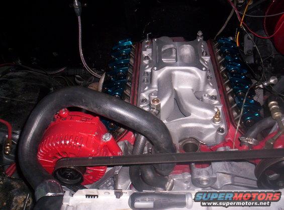 Engine bay with red alternator, silver intake manifold, and blue valve covers
