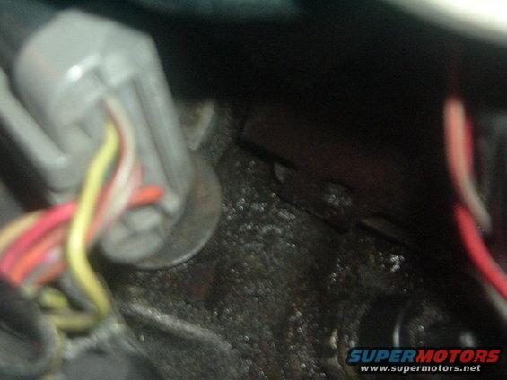 Gray electrical connector with red, yellow, and orange wires attached to a greasy engine block