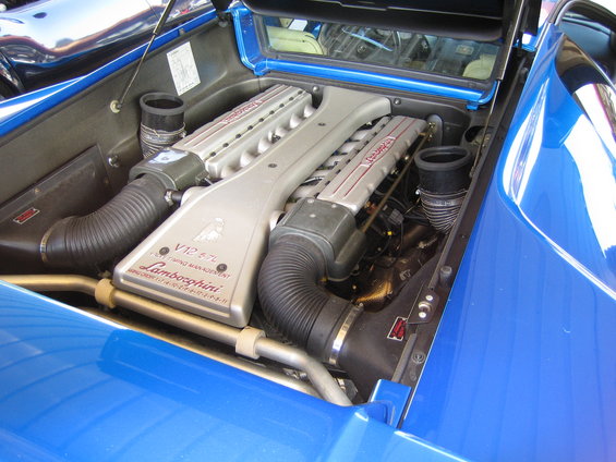 Close-up of a blue Lamborghini's V12 engine with "Lamborghini V12 5.7L" text visible
