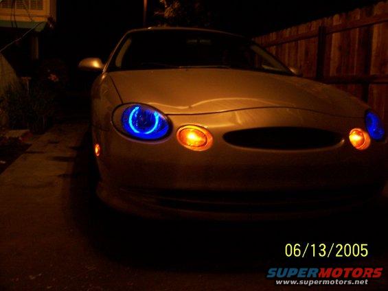 1998 Mercury Sable front with custom blue halo headlights and orange turn signals