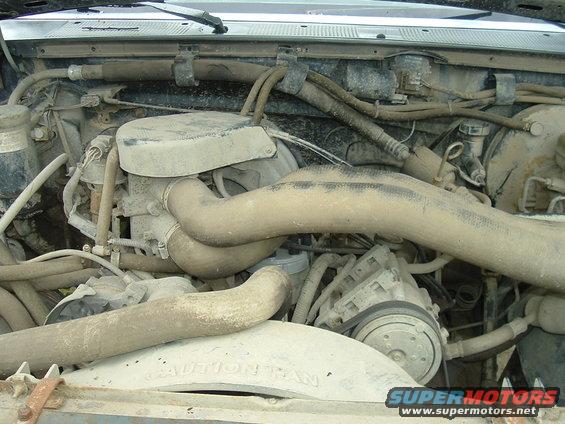 Engine bay with hoses, belts, and air intake. Fan has 'CAUTION FAN' text