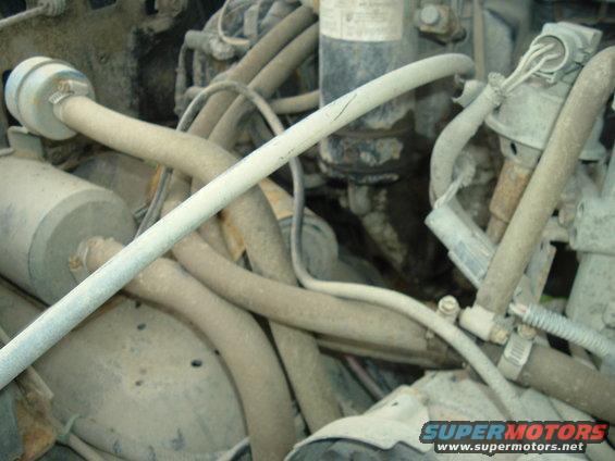 Engine compartment with numerous hoses and wires, some dusty and worn