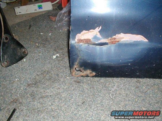 Blue car door panel with significant rust damage on the lower section