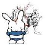 Miffy in a blue striped sweater with cartoon drawings behind it