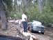 1989 Ford Bronco - A man stands on a fallen tree next to a Dodge Ram pickup truck on a muddy, wooded trail.