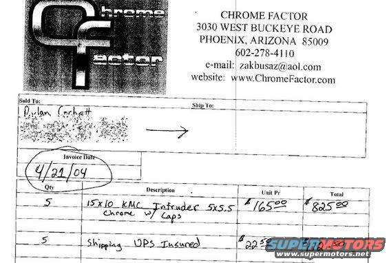 Invoice dated 4/21/04 for KMC Intruder wheels and shipping