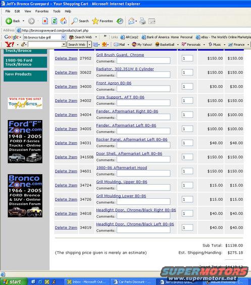 Screenshot of an online shopping cart page for Bronco parts, showing a list of items like fenders, hoods, and doors