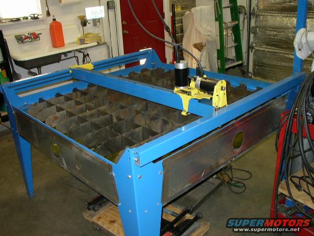 Blue metal cutting machine with yellow motor assembly
