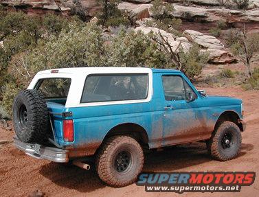 Blue and white 1994 Ford Bronco with spare tire on rear door, off-road