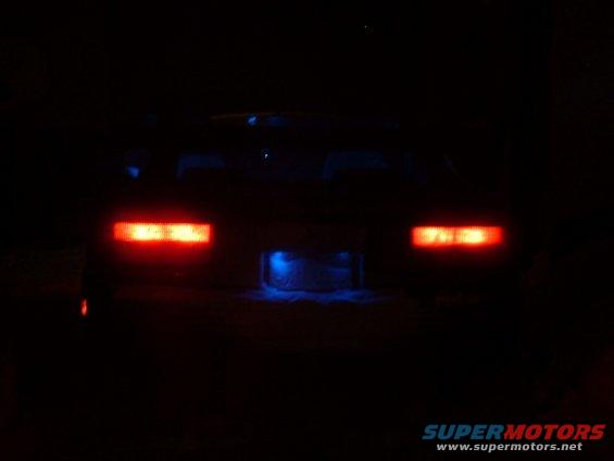 Car rear at night with red taillights and blue underglow. The license plate area is illuminated blue