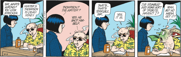 Comic strip showing a conversation about Hunter S. Thompson's death, involving a man, a woman, and an alien