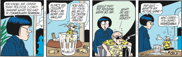 Comic strip with four panels showing characters in conversation, one in a trash can