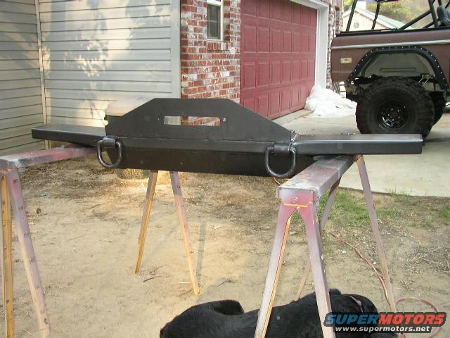 Custom steel bumper with D-rings, mounted on sawhorses