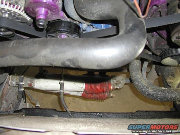 Engine bay view showing alternator, belts, hoses, and a red-booted shock absorber