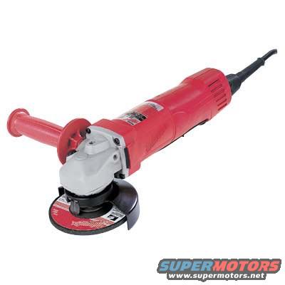 Red angle grinder with a cutting disc and auxiliary handle