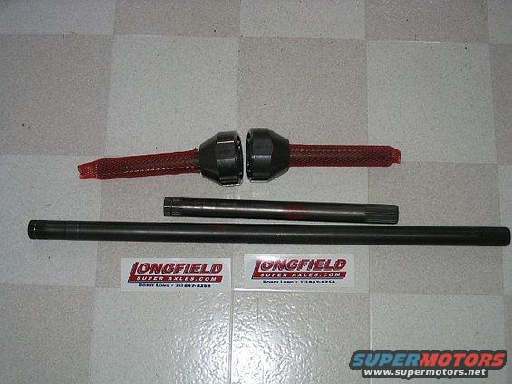 Two axle shafts and two differential components with red mesh covers, on a checkered floor. "LONGFIELD SUPER AXLES.COM" stickers are visible