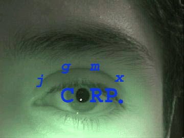 Close-up of a human eye with blue dots and lines drawn on the iris