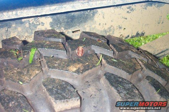 Close-up of a muddy off-road tire with a penny stuck in the tread. Some grass is visible
