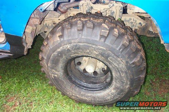Blue vehicle's front wheel and fender with mud and grass visible
