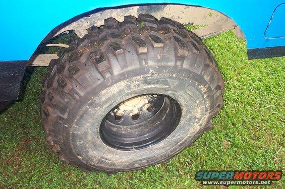 Close-up of a large off-road tire and part of a blue fender